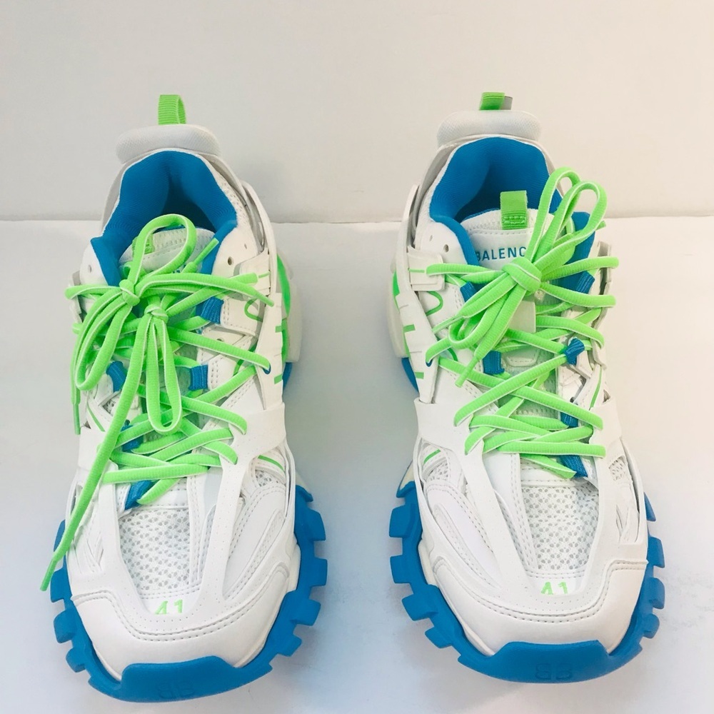 Balenciaga White, Blue & Neon Green Track Sneakers